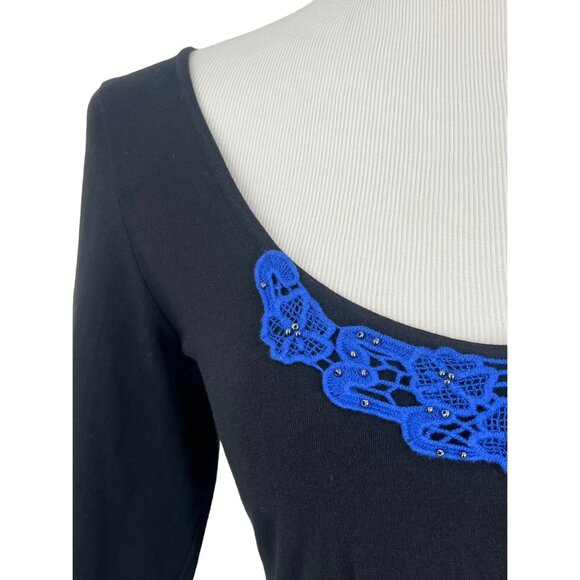 NWT Free People Black & Blue Paisley Print Crochet Lace Beaded Scoop Neck Dress - Picture 3 of 14